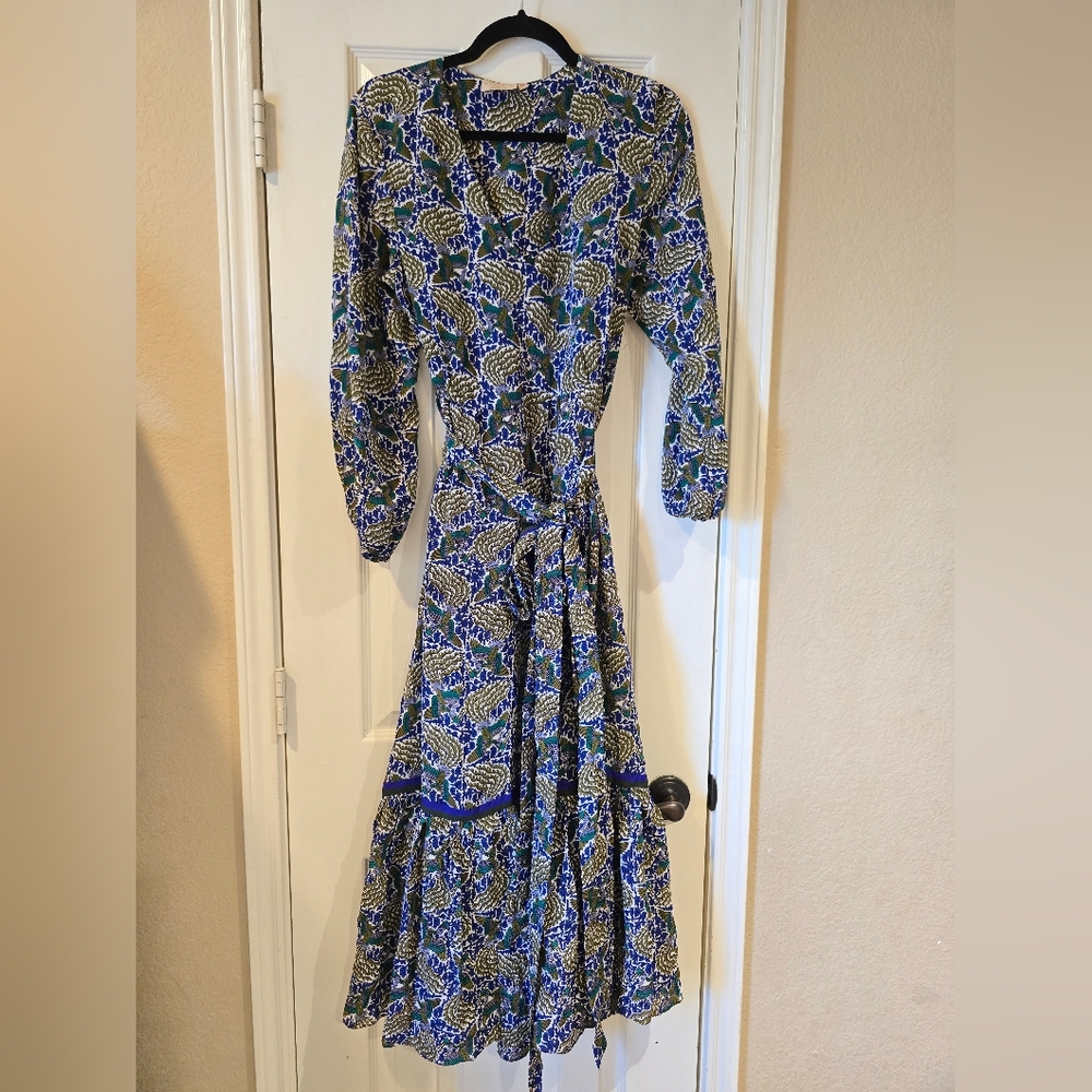 Rungolee Maxi Long Sleeve Dress Blue Green Bird Design Med